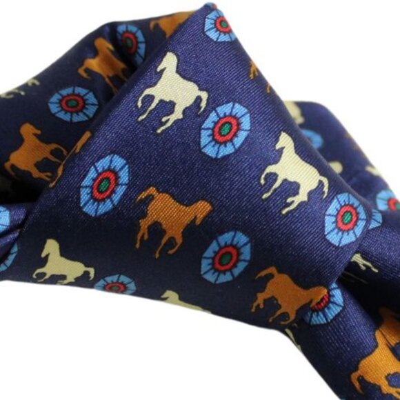 EFFESTI MODA Tie 100% Silk, Equestrian - Cognac, Light Blue, Burgundy & Navy - Picture 9 of 9